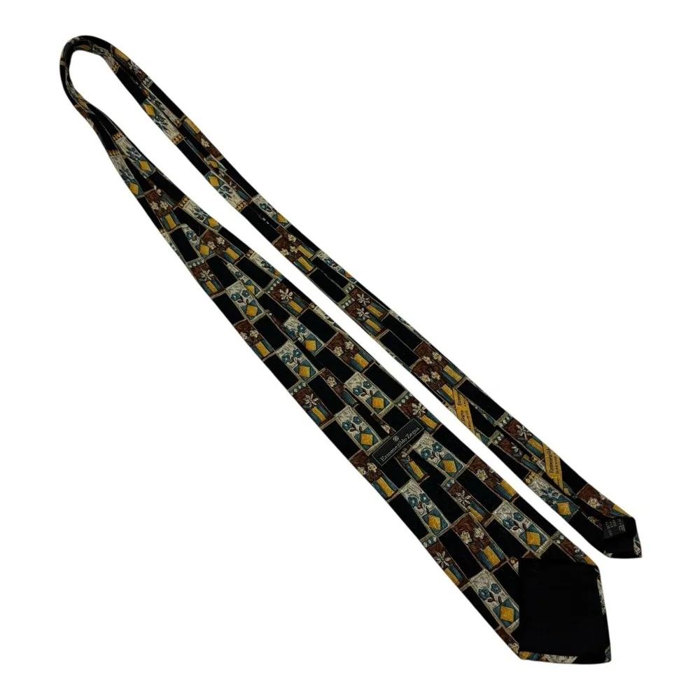 Ermenegildo Zegna‎ Black Silk Tie Potted Flowers Print 3.5x58 Made in Italy
